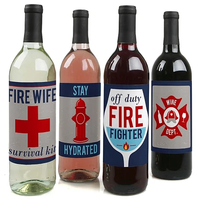 Big Dot of Happiness Fired Up Fire Truck - Firefighter Decorations for Women and Men - Firetruck Party Wine Bottle Label Stickers - Set of 4