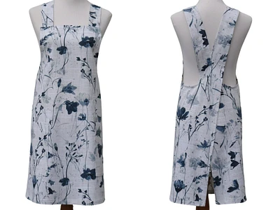 Gray and Blue Floral Japanese Apron, Cross Back Pinafore in a Pretty Flowers and Vines Cotton Canvas with Large Pockets