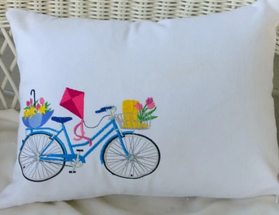 Spring Pillow covers, Embroidered bicycle pillow, seasonal bike pillows, embroidered Accent pillows, bike pillows
