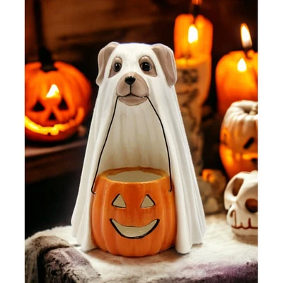 kevinsgiftshoppe Ceramic Halloween Ghost Dog Holding Pumpkin Jack-O-Lantern T-light Candle Holder, Home Dcor, Gift for Her, Gift for Mom,