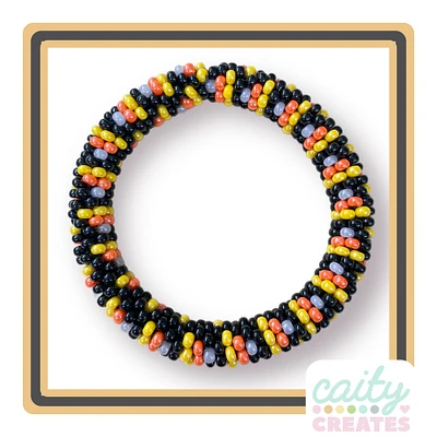 Candy Corn Orange Yellow White on Black Hand Crocheted Seed Bead Bracelet