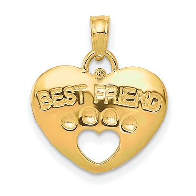14K Gold Best Friend On Heart With Cut-Out Paw Pendant Charm Jewelry 18 x 15 mm