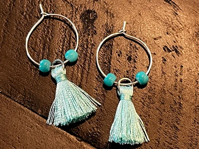 Fun hoop earrings with aqua tassel and beads