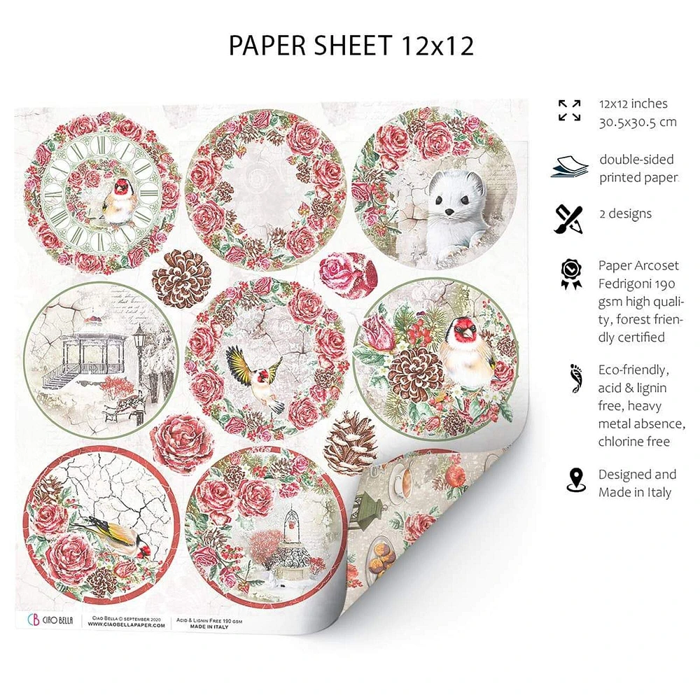 Ciao Bella  Frozen Roses Medallions Paper Sheet 12"x12" 1 Sheet