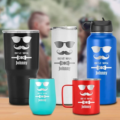 Best Man Tumbler Design with Sunglasses, a Mustache, and a Bowtie- Stainless Steel Vacuum Insulated Coffee Mug with Lid