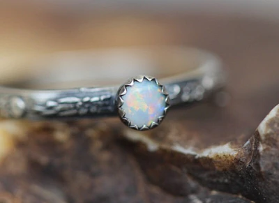 Opal Ring * Solid Sterling Silver* Full Moon Floral Band * Genuine White Opal* Any Size