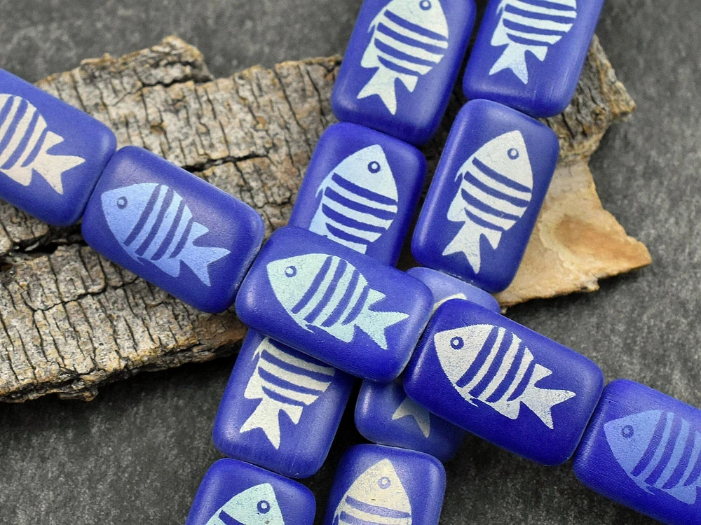 *6* 18x12mm Opaque Lapis Blue Laser Tattoo Fish Rectangle Beads