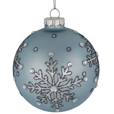 Northlight Set of 2 Light Blue Jeweled Reflective Snowflakes Glass Christmas Ball Ornaments 4"