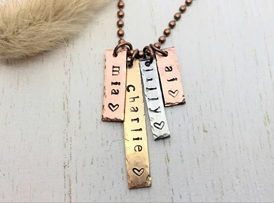 Name Charm Necklace gift for mom, Mixed Metal Jewelry, Personalized Tag Necklace, Childs Name Necklace, Mother’s Day Gift
