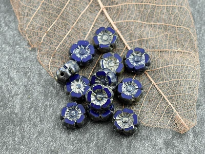 *12* 7mm Antique Silver Washed Lapis Blue Hawaiian Flower Beads