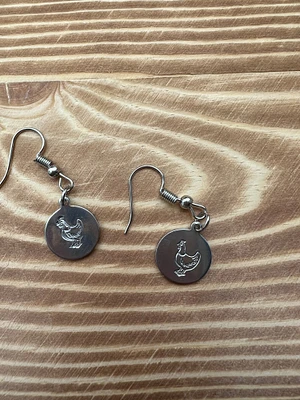 Handmade Chicken Mama Mom Coin Circle Disc Earring Dangle Drop Simple Gold Silver Stamp Etched Engraved