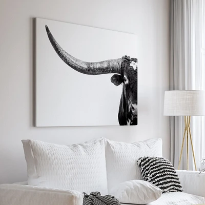 Longhorn wall art, Texas longhorn bull canvas, black and white wall decor, minimalist art