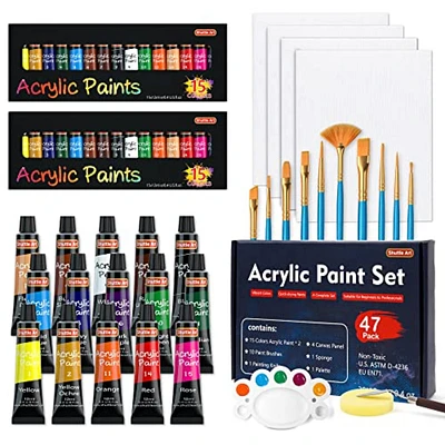 Shuttle Art 47 Pack Acrylic Paint Set, 15 Colors (12ml Each, 2Pack) Acrylic Paint with 10 Brushes Painting Canvas Knife Palette Sponge, Complete Gift Set for Kids, Adults Painting Canvas, RockCeramic