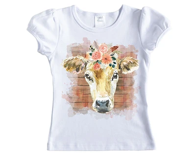 Cow with Pastel Flowers Girls Shirt - Short Sleeves - Long Sleeves