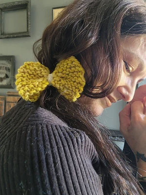 Knit Hair Bow, Handknitted Maize Yellow Ponytail Holder or Hair Band, Vintage Lace Trim