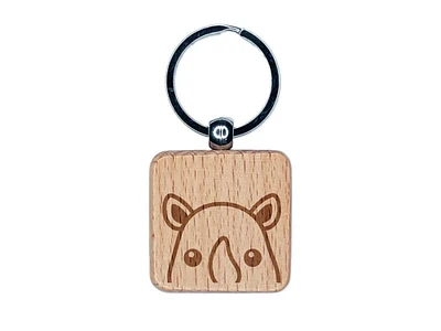 Peeking Rhino Engraved Wood Square Keychain Tag Charm