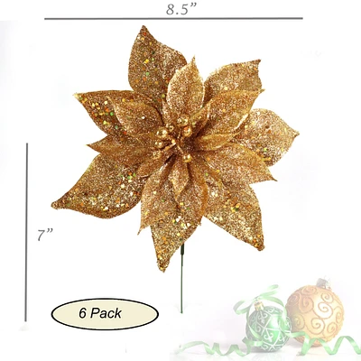 6-Pack: Sparkling Gold Glitter Poinsettia Flower Picks - 8.5" Wide Heads