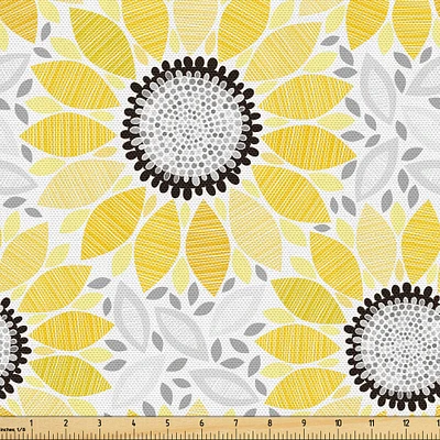 Ambesonne Yellow Fabric by The Yard, Colorful Illustration of Sun Flower with Motifs and Patterns Summer Nature Artprint, Decorative Fabric for Upholstery and Home Accents, 5 Yards, Yellow Gray