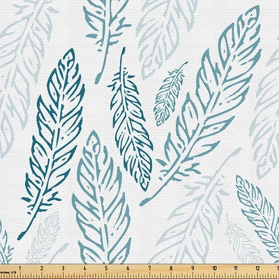Ambesonne Teal and White Fabric by The Yard, Pastel Colored Grunge Looking Feathers Flying Bohemian Ethnic, Decorative Fabric for Upholstery and Home Accents, 10 Yards, Blue White