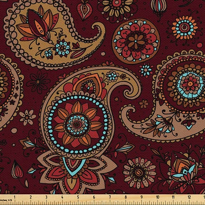 Ambesonne Paisley Fabric by The Yard, Middle Pattern Tribal Art Bohemian Themed Composition Printed Image, Decorative Fabric for Upholstery and Home Accents, 1 Yard, Burgundy Mustard