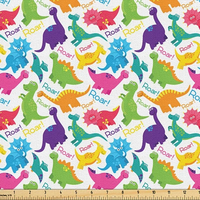 Ambesonne Jurassic Fabric by The Yard, Dinosaur Archaeological Historical Monster Wild Creature Cartoon Print, Decorative Fabric for Upholstery and Home Accents, 3 Yards, Turquoise Magenta