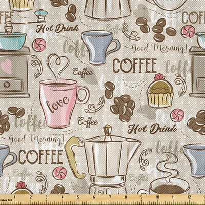 Ambesonne Modern Fabric by The Yard, Coffee Time Vintage Espresso Machine Cupcakes Beans Design, Decorative Satin Fabric for Home Textiles and Crafts, Yards