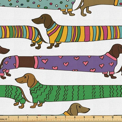 Ambesonne Dog Lover Fabric by The Yard, Cartoon Style Dachshunds Dressed in Pyjamas Chevron Lines Polka Dots and Hearts, Decorative Fabric for Upholstery and Home Accents, Yards