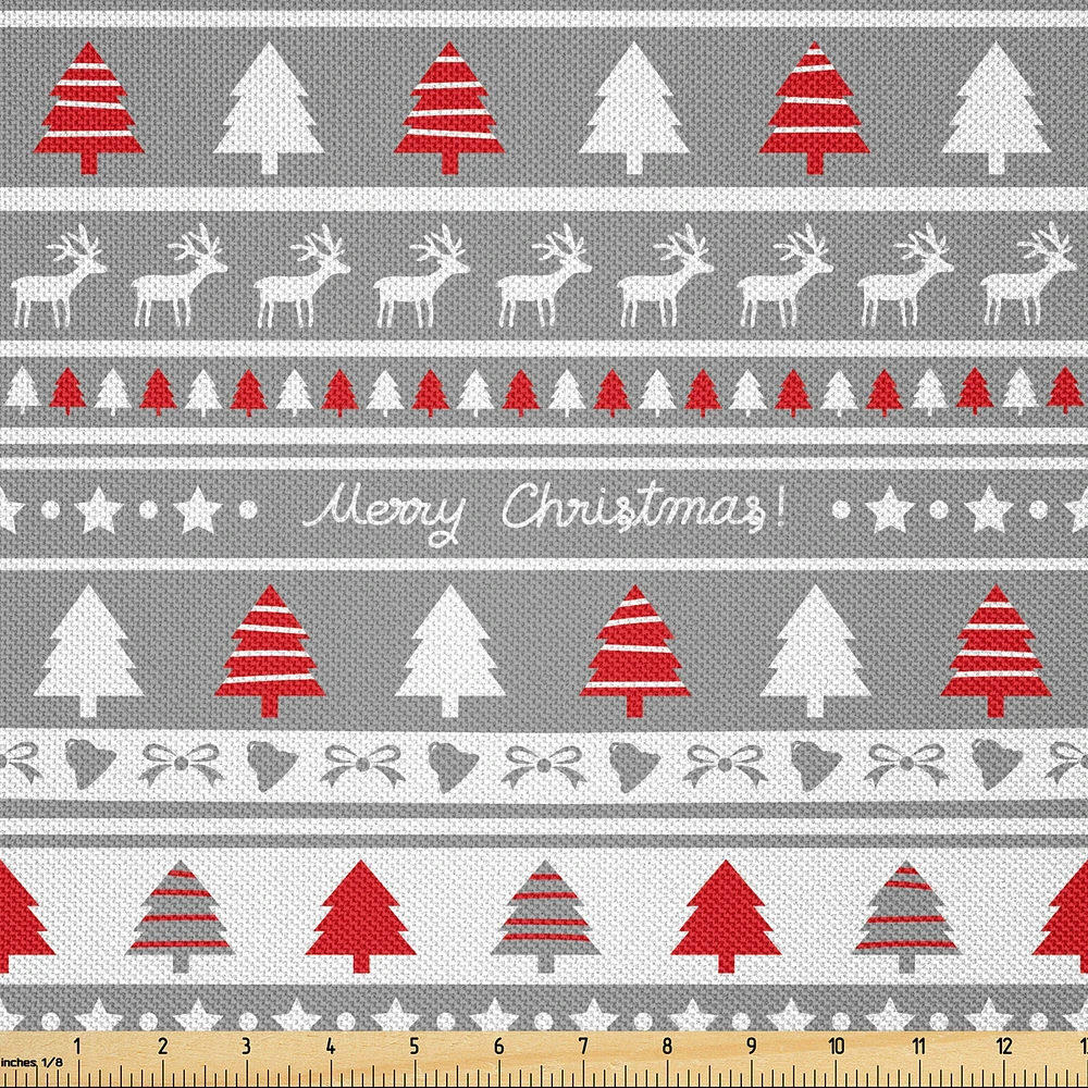Ambesonne Christmas Fabric by The Yard, Xmas Border Deers Trees and Merry Christmas Lettering Bows Bells Image, Decorative Satin Fabric for Home Textiles and Crafts, 10 Yards, Grey Red