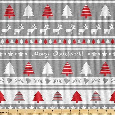 Ambesonne Christmas Fabric by The Yard, Xmas Border Deers Trees and Merry Christmas Lettering Bows Bells Image, Decorative Satin Fabric for Home Textiles and Crafts, 10 Yards, Grey Red