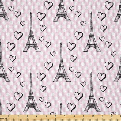 Ambesonne Eiffel Fabric by The Yard, Polka Dot Pattern with Sketchy Eiffel Tower and Romantic Hearts, Decorative Satin Fabric for Home Textiles and Crafts, 2 Yards, Pale Pink Black White