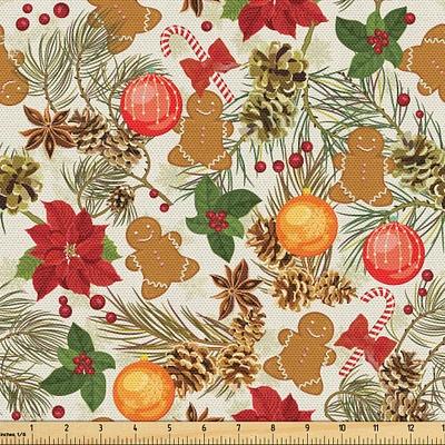 Ambesonne Christmas Fabric by The Yard, Vivid Colorful Xmas Theme Pine Cones Branches Gingerbread Man Berry Image Print, Decorative Fabric for Upholstery and Home Accents, 3 Yards, Beige Red