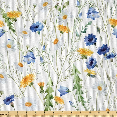 Ambesonne Flower Fabric by The Yard, Wild Flowers Poppies and Daisies Rural Nature Scenery in Meadows Rustic, Decorative Satin Fabric for Home Textiles and Crafts, 3 Yards, Pale Green Yellow Blue