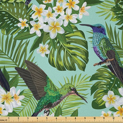 Ambesonne Tropical Fabric by The Yard, Brazilian Rainforest Composition with Branches Plumeria Blooms and Exotic Birds, Decorative Satin Fabric for Home Textiles and Crafts, 3 Yards, Multicolor
