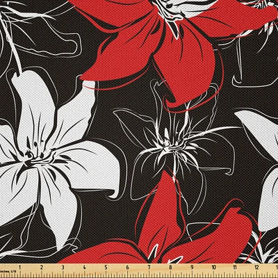 Ambesonne Red and Black Fabric by The Yard, Bedding Plants Flourishing Garden Pattern Retro Nature, Decorative Satin Fabric for Home Textiles and Crafts, 10 Yards, Black White Vermilion