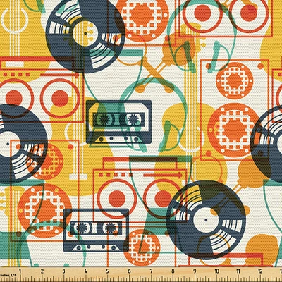 Ambesonne Music Fabric by The Yard, Pattern with Musical Instruments in Flat Design Style Cassette Radio Vinyl Nostalgic, Decorative Fabric for Upholstery and Home Accents, 1 Yard, Yellow Grey