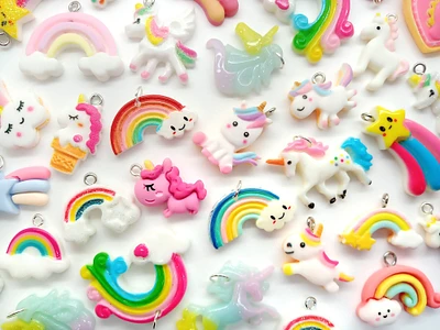 Unicorn and Rainbow Charm Mix, 20 pc, Kawaii Resin Pendant Grab Bag, Adorabilities