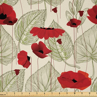 Ambesonne Poppy Flower Fabric by The Yard, Sketchy Tree Leaves Rural Floral Growth Botany Nature Inspired, Decorative Satin Fabric for Home Textiles and Crafts, Yards