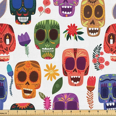Ambesonne Day of The Dead Fabric by The Yard, Art Wooden Scary Cartoon Funny Details Print, Decorative Fabric for Upholstery and Home Accents, 1 Yard, Orange Coral