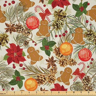 Ambesonne Christmas Fabric by The Yard, Vivid Colorful Xmas Theme Pine Cones Branches Gingerbread Man Berry Image Print, Decorative Satin Fabric for Home Textiles and Crafts, Yards