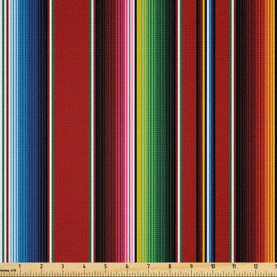 Ambesonne Cinco de Mayo Fabric by The Yard, Mexican Serape Colorful Stripes Vertical Lines Latino Design Illustration, Decorative Satin Fabric for Home Textiles and Crafts, Burgundy Blue