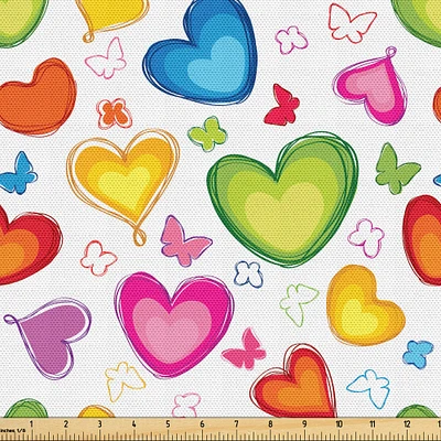 Ambesonne Love Fabric by The Yard, Colorful Hearts and Butterflies Silhouettes Doodle Style Happy Valentines Day Pattern, Decorative Fabric for Upholstery and Home Accents, 2 Yards, Green Red