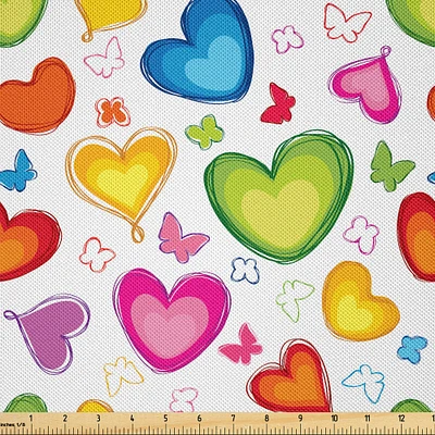 Ambesonne Love Fabric by The Yard, Colorful Hearts and Butterflies Silhouettes Doodle Style Happy Valentines Day Pattern, Decorative Satin Fabric for Home Textiles and Crafts, Yards