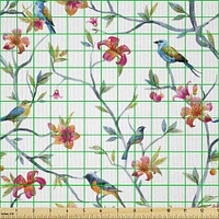 Ambesonne Watercolor Fabric by The Yard, Birds on Branches with Flowers and Leaves Scenes from Nature Cherry Tree Image, Decorative Satin Fabric for Home Textiles and Crafts, Yards