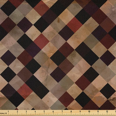 Ambesonne Grunge Fabric by The Yard, Antique Looking Checkered Pattern in Brown Tones Vintage Grid Aged Display, Decorative Satin Fabric for Home Textiles and Crafts, Yards