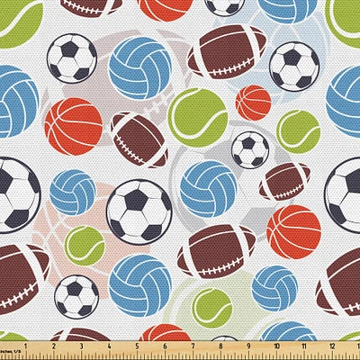 Ambesonne Sport Fabric by The Yard, Sports Balls Pattern Abstract Basketball Football Volleyball Tennis Colorful Elements, Decorative Fabric for Upholstery and Home Accents, 2 Yards, Blue Grey