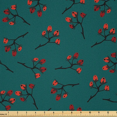 Ambesonne Teal Fabric by The Yard, Whimsical Modern Style Berry Christmas Pattern Hand Drawn Rustic Traditional, Decorative Satin Fabric for Home Textiles and Crafts, Yards
