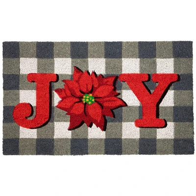 Northlight Gray and Red Poinsettia "Joy" Christmas Natural Coir Outdoor Doormat 18" x 30"