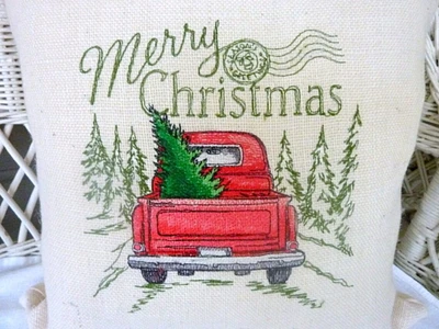 Burlap Christmas pillow, Embroidered Red Truck pillow cover