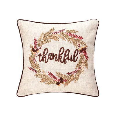 Thankful Harvest Wreath 18" x 18" Embroidered Throw Pillow