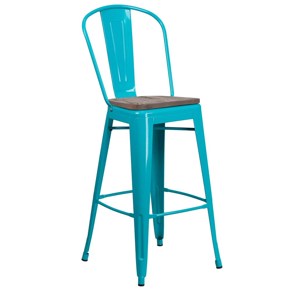 Merrick Lane Sarah 30" Metal Indoor-Outdoor Counter Stool with Vertical Slat Back, Integrated Footrest and Wood Seat